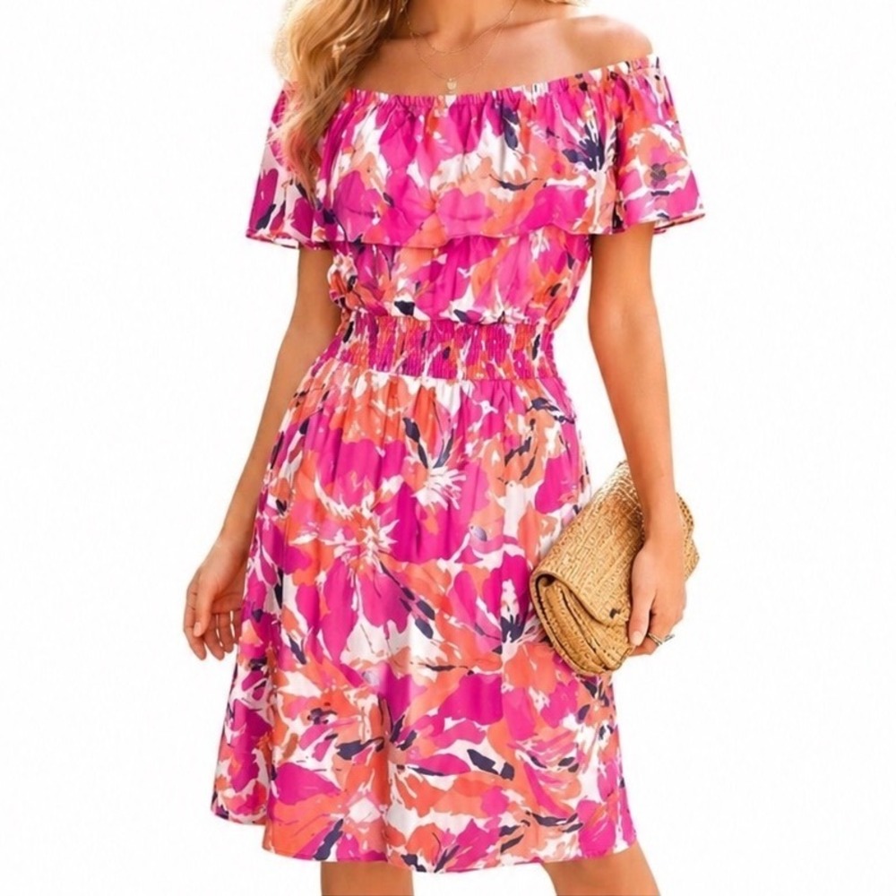 Sandra Darren Floral Off The Shoulder‎ Chiffon Midi Dress 12 Pink Orange Flowy